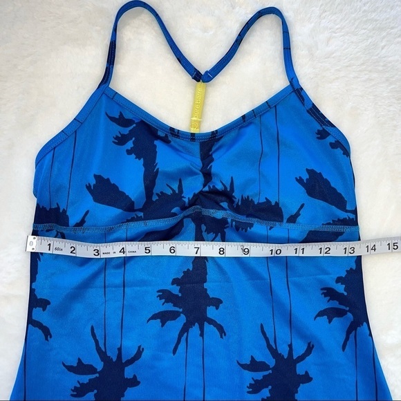 Pure Barre Lynx Blue & Yellow Palm Tree Pattern Y-Strap Tank Top Woman’s Sz SM - Picture 10 of 11